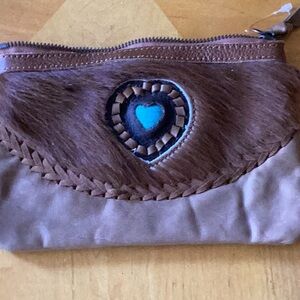 Brown and Tan Clutch with Heart Design cowhide  turquoise leather